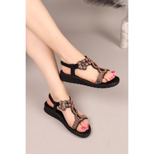 Derla Tahta Çiçekli Boncuklu Sandalet Siyah