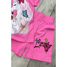 Unicorn Baskılı Pembe Tişört ve Şort Kız Çocuk Yazlık Takım