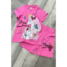 Unicorn Baskılı Pembe Tişört ve Şort Kız Çocuk Yazlık Takım