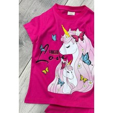 Unicorn Baskılı Fuşya Tişört ve Şort Kız Çocuk Yazlık Takım