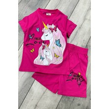 Unicorn Baskılı Fuşya Tişört ve Şort Kız Çocuk Yazlık Takım