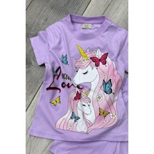 Unicorn Baskılı Lila Tişört ve Şort Kız Çocuk Yazlık Takım