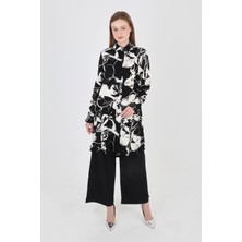 Önden Düğmeli,gömlek Yaka,viskon Kumaş Tesettüre Uygun Siyah Beyaz Tunik