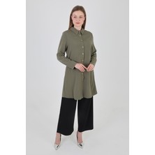 Önden Düğmeli,gömlek Yaka,viskon Kumaş Haki Tesettüre Uygun Tunik