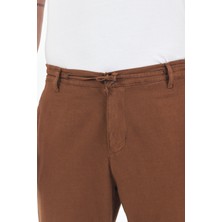 Theseason Erkek Tarçın Kahve Pamuklu Keten Görünümlü Beli Bağcıklı Relaxed Fit Yazlık Chino Pantolon