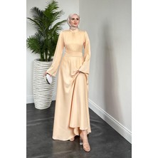 Violet Ispanyol Kol Belden Bağlama Saten Elbise Kavun Içi