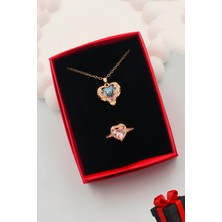 Paslanmaz Çelik Gold Okyanus Kalp Kolye ve Pandora's Yüzük Set