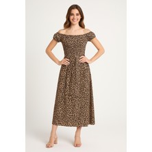 Leopar Desenli Gipeli Elbise (Açık Omuz Kullanılabilir)