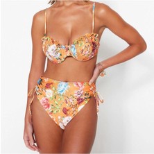 Yeni Çiçekli Yüksek Bel Brief Kahverengi-Çok Renkli Çiçekli Balconette Yüksek Bel Bikini Takımı