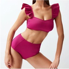Yeni Düz Bralette Yüksek Bel Slip Siyah Bralet Fırfırlı Dokulu Yüksek Bel Hipster Bikini Takımı
