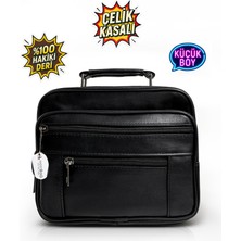 Westbag Erkek Siyah Yatay Model Çelik Kasalı Küçük Boy Hakiki Deri El ve Omuz Çantası