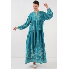 2423 Otantik Desenli Tesettür Elbise - Düz Lacivert