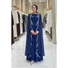 Kolları Pelerinli Taş Detaylı Abiye Elbise 3958 Lacivert
