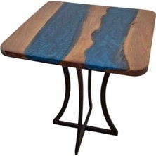 Epoksi Ceviz Ahşap Mavi Masa Metal Ayaklı 55X55