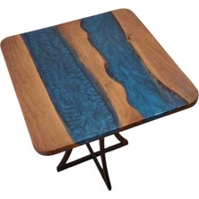 Epoksi Ceviz Ahşap Mavi Masa Metal Ayaklı 55X55