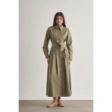 Mizalle Premium Saf Pamuk Haki Piliseli Uzun Elbise