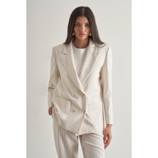 Mizalle Çizgili Ekru Kruvaze Yazlık Ceket