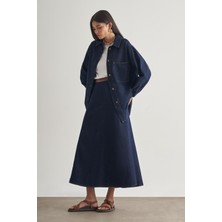 Mizalle Beli Lastikli Volanlı Evaze Lacivert Maksi Denim Etek