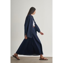 Mizalle Beli Lastikli Volanlı Evaze Lacivert Maksi Denim Etek