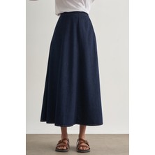 Mizalle Beli Lastikli Volanlı Evaze Lacivert Maksi Denim Etek