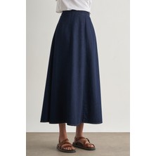 Mizalle Beli Lastikli Volanlı Evaze Lacivert Maksi Denim Etek
