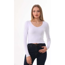 Penye Bizden  Kadın Crop Pamuklu V Yaka T-Shirt -Beyaz