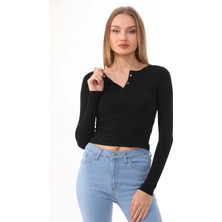 Penye Bizden  Kadın Crop Pamuklu Patlı T-Shirt-Siyah