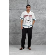 Beyaz Fearless Baskılı Oversize Gömlek