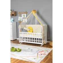 Bamgidoo Ahşap Bebek Beşiği Anne Yanı Beşik Beyaz 70X130 - Sarı Yıldız 3 Yastıklı Uyku Seti Yataklı