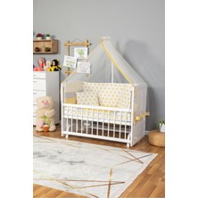 Bamgidoo Ahşap Beşik Anne Yanı Beşik Beyaz 60X120 - Sarı Yıldız Tek Yastık Uyku Seti + Yatak