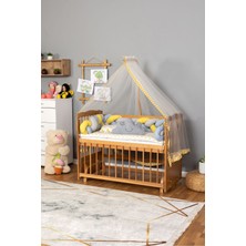 Bamgidoo Ahşap Beşik Anne Yanı Beşik Vernikli 60X120 - Sarı Mavi Örgü Uyku Seti Seti + Yatak