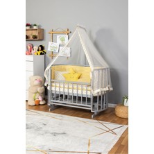 Bamgidoo Ahşap Beşik Anne Yanı Beşik Gri 60X120 Sarı Yıldız Uyku Seti Yatak