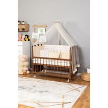 Bamgidoo Ahşap Beşik Anne Yanı Beşik Ceviz 60X120 - Krem Nakış(Yazısız) Uyku Seti + Yatak + Tekerlekli