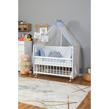 Bamgidoo Ahşap Beşik Anne Yanı Beşik Beyaz 60X120 - Mavi Yıldız 3 Yastık Uyku Seti + Yatak + Tekerlekli