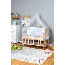 Bamgidoo Ahşap Beşik Anne Yanı Beşik Organik 60X120 - Mavi Yıldız 1 Yastıklı Uyku Seti + Yataklı + Tekerlekli