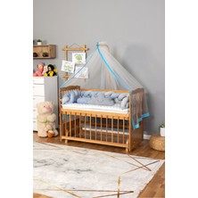 Bamgidoo Ahşap Beşik Anne Yanı Beşik Vernikli 60X120 - Mavi Gri Örgü Uyku Seti Seti + Yatak