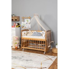 Bamgidoo Ahşap Beşik Anne Yanı Beşik Vernikli 60X120 - Krem Beyaz Örgü Uyku Seti Seti + Yatak + Tekerlekli