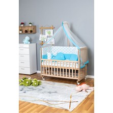 Bamgidoo Ahşap Beşik Anne Yanı Beşik Organik 60X120 - Mavi Balina Uyku Seti + Yataklı + Tekerlekli