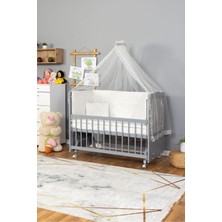 Bamgidoo Doğal Ahşap Beşik Anne Yanı Beşik Gri 60X120 - Krem Güpür Uyku Seti Yatak Tekerlekli