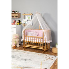 Bamgidoo Ahşap Beşik Anne Yanı Beşik Sallanır Beşik Doğal (Vernikli) 60X120 Pembe Yıldız Uyku Seti Yatak