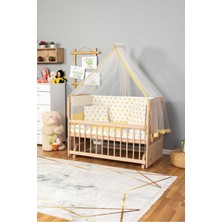 Bamgidoo Ahşap Beşik Anne Yanı Beşik Organik(Boyasız) 60X120-SARI Yıldız Tek Yastık Uyku Seti + Yatak