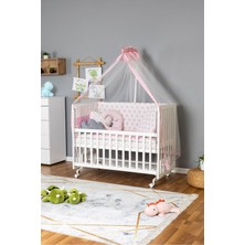 Bamgidoo Ahşap Beşik Anne Yanı Beşik Beyaz 60X120 - Pembe Yıldız 3 Yastıklı Uyku Seti + Yataklı + Tekerlekli