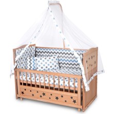 Bamgidoo Ahşap Beşik Anne Yanı Beşik Organik (Boyasız) 60X120 - Mavi Yıldız Çift Yastıklı Uyku Seti Yatak