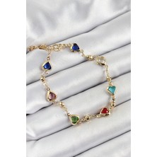 Pirinç Asorti Kalp Model Gold Renk Zirkon Taşlı Kadın Bileklik