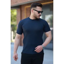 Defy Moda Erkek Bisiklet Yaka Örgü Desenli Kısa Örme Triko Kısa Kollu T-Shirt