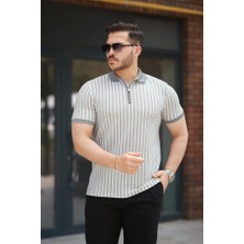 Defy Moda Erkek Çizgili Fermuar Yakalı Kısa Kollu Tişört