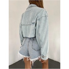 Kadın Çift Cepli Yıkamalı Crop Denim Kot Ceket