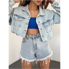 Kadın Çift Cepli Yıkamalı Crop Denim Kot Ceket