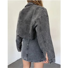 Çift Cepli Lazer Kesim Crop Kadın Kot Ceket