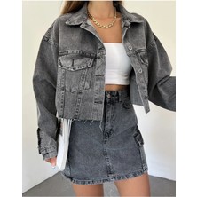 Çift Cepli Lazer Kesim Crop Kadın Kot Ceket